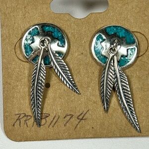 Shube Vintage Sterling Silver Crushed Turquoise Signed Earrings Post Feathers